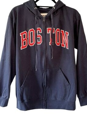 Boston Embroidered Logo Front Zip Hoodie Sweatshirt Navy Red Unisex Size Medium